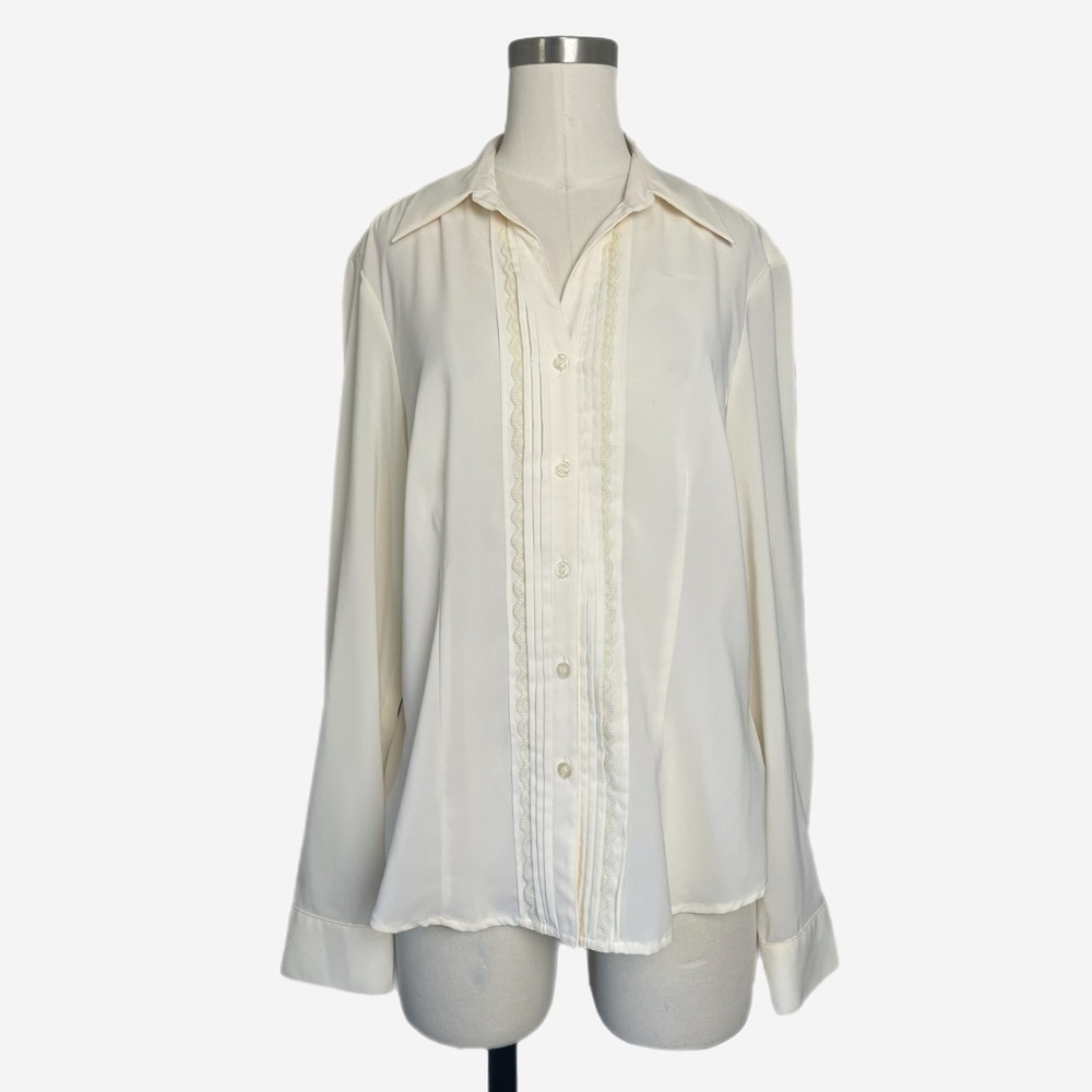 Vintage Y2K Rena Rowan ivory pin tuck lace trim collared blouse poetcore soft M
